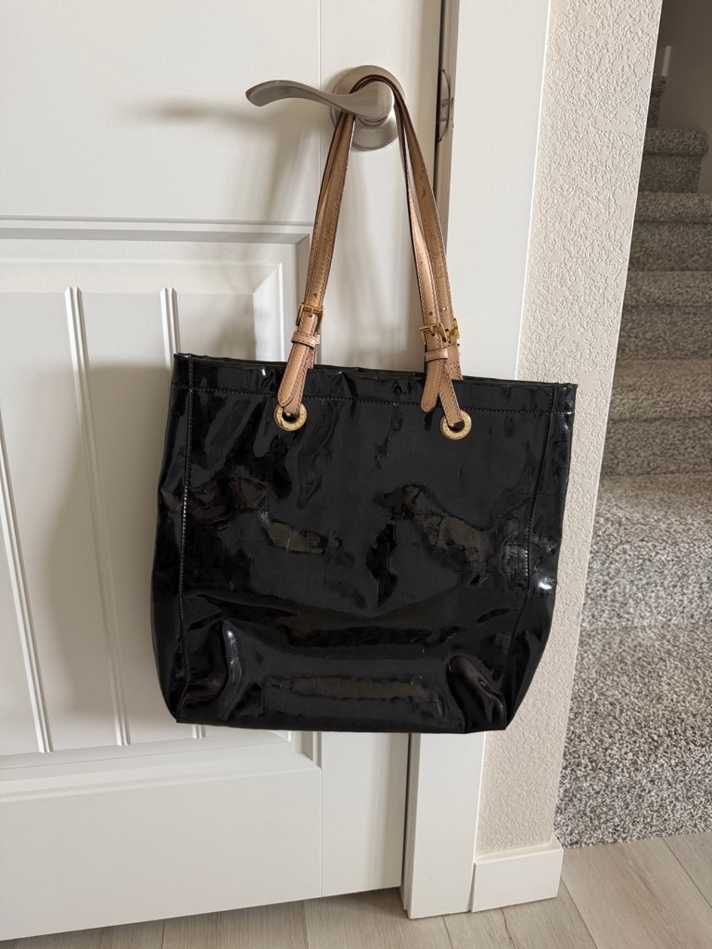 Michael Kors Black Patent Tote with Tan Shoulder Straps